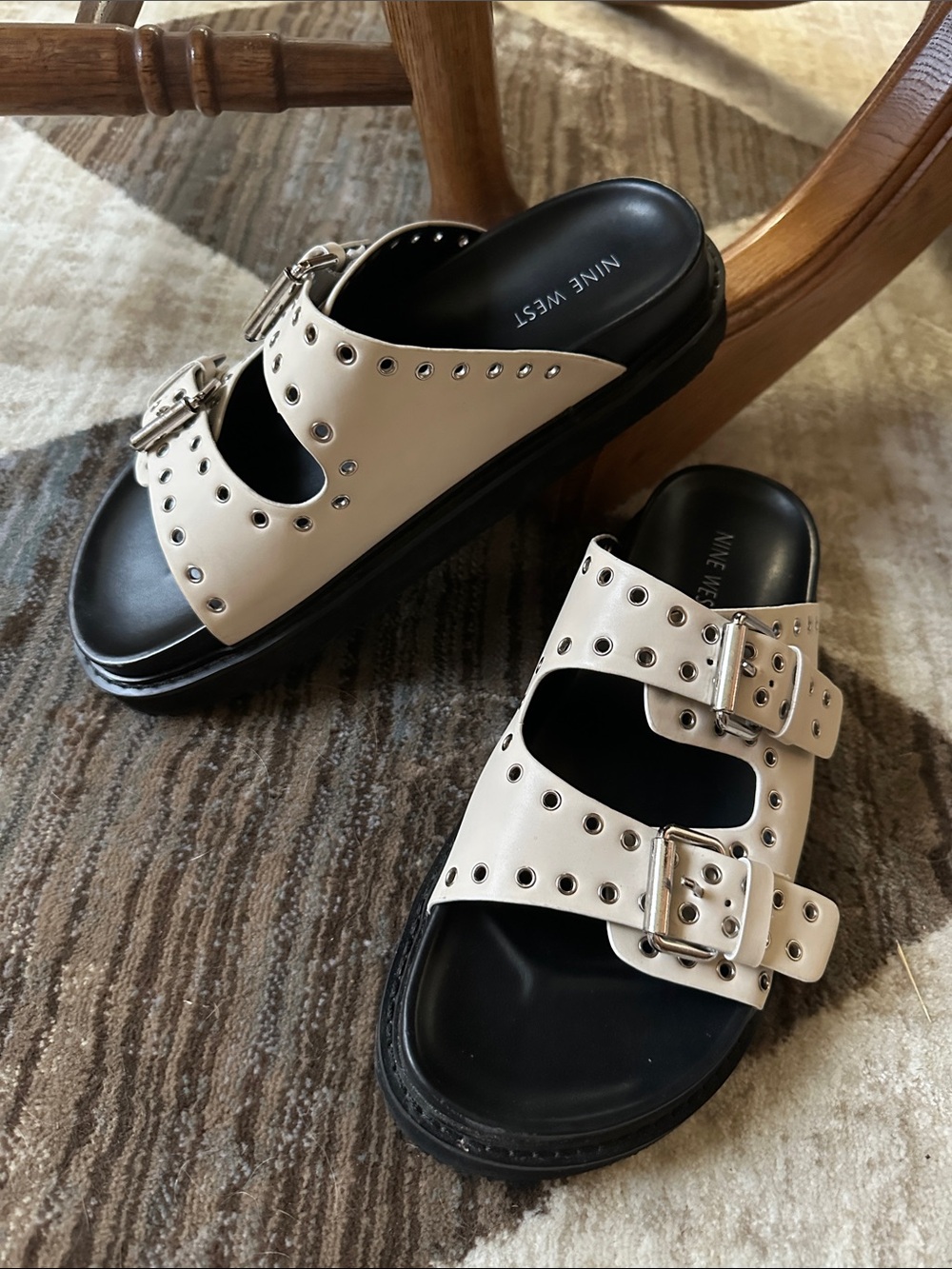 Nine West Cream and Black Double Buckle Slide Sandals